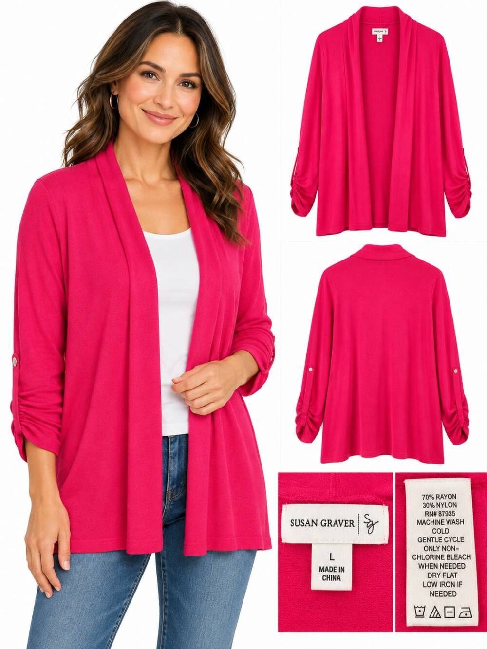 Susan Graver L Hot Pink Open Front Ruched Sleeve Cardigan